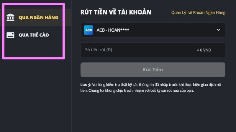 Thao tác thực hiện rút tiền 11bet bằng máy tính